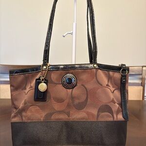 Coach Brown Signature Pattern Tote with Black Trim and Gold Charm